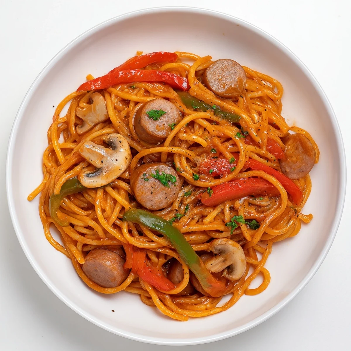 Steaming Spaghetti Napolitan served hot on a plate, smoky sausage aroma