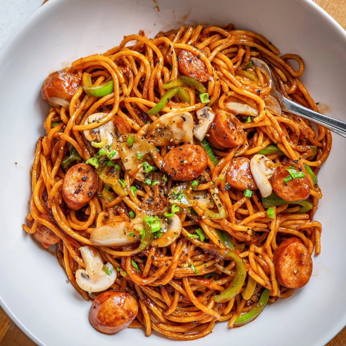 Warm Spaghetti Napolitan tossed with butter, mushrooms, Parmesan, and chopped parsley