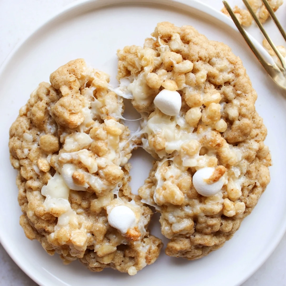 Rice Krispie Treat Cookies piled on a plate, gooey marshmallow centers visible