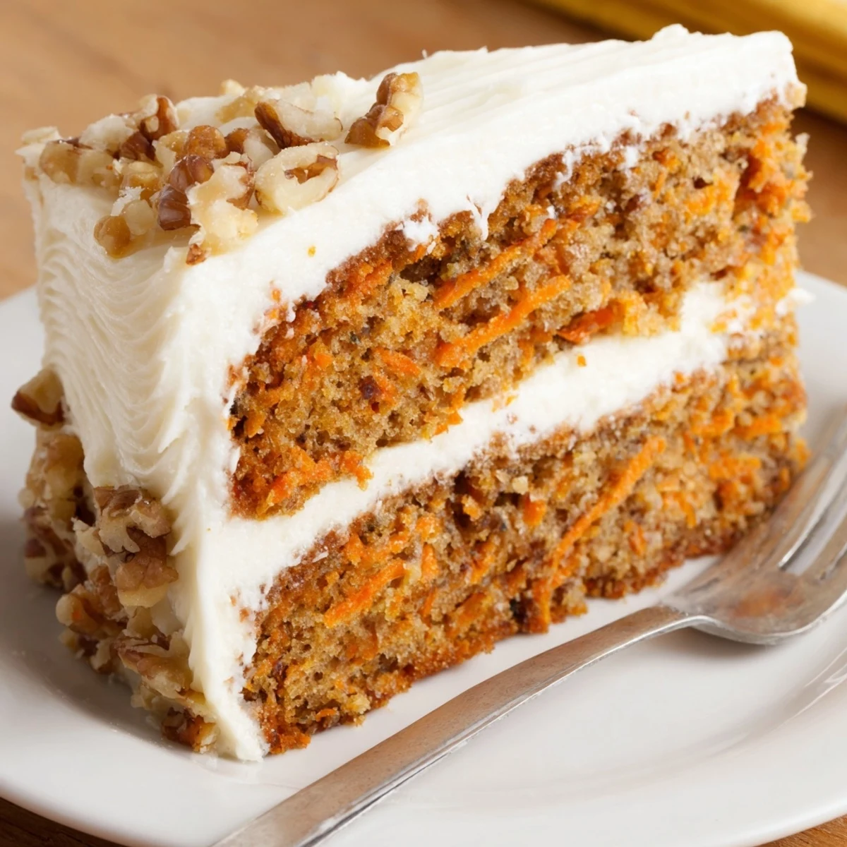 Moist Carrot Cake With Cream Cheese Frosting topped with toasted pecans, served warm