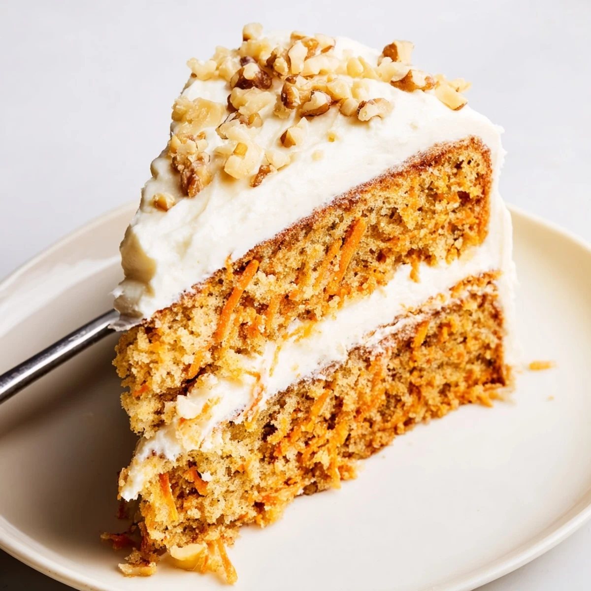 Single slice of Carrot Cake With Cream Cheese Frosting on rustic plate, creamy topping