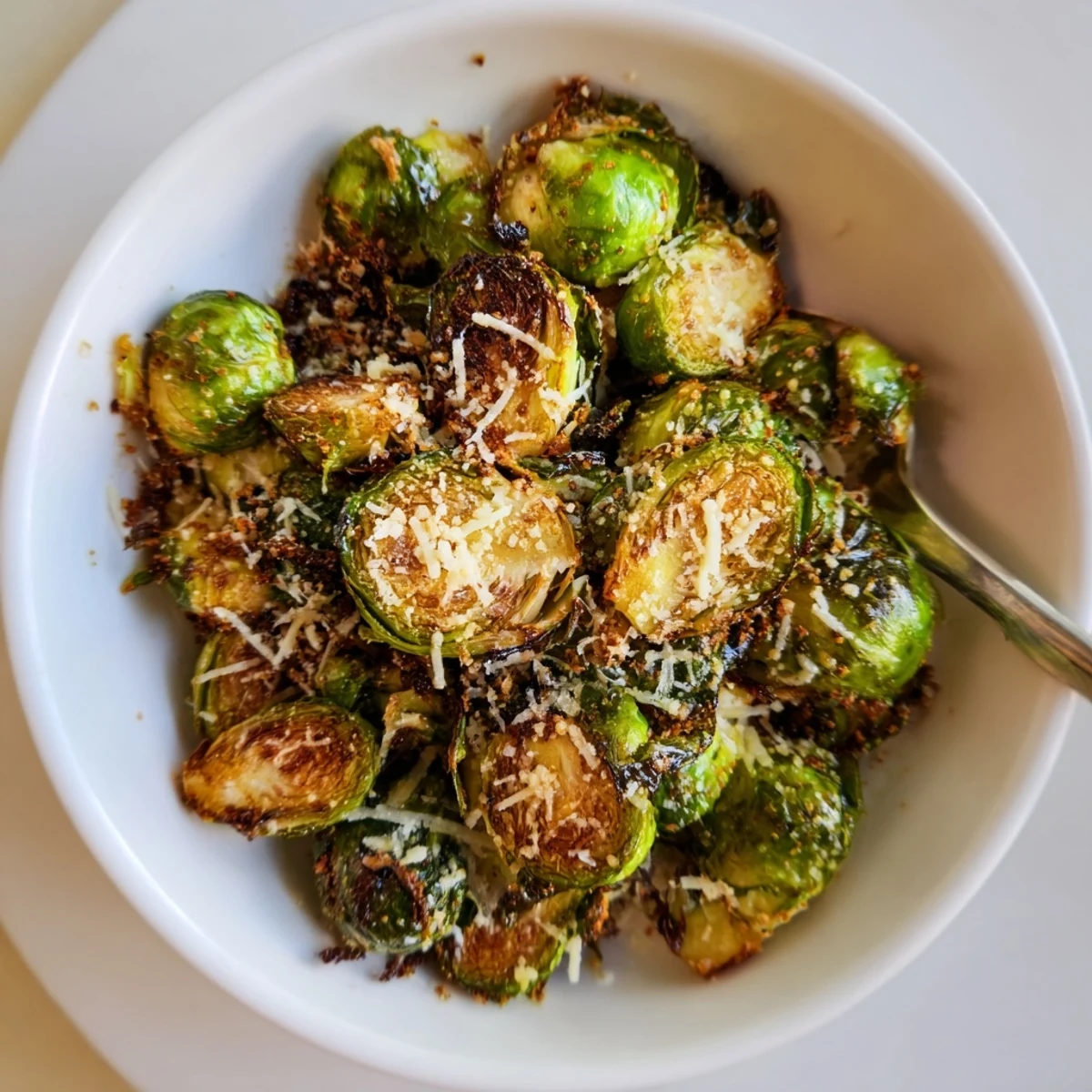 Crispy Air Fryer Brussels Sprouts with golden edges, garlic aroma, lemon drizzle