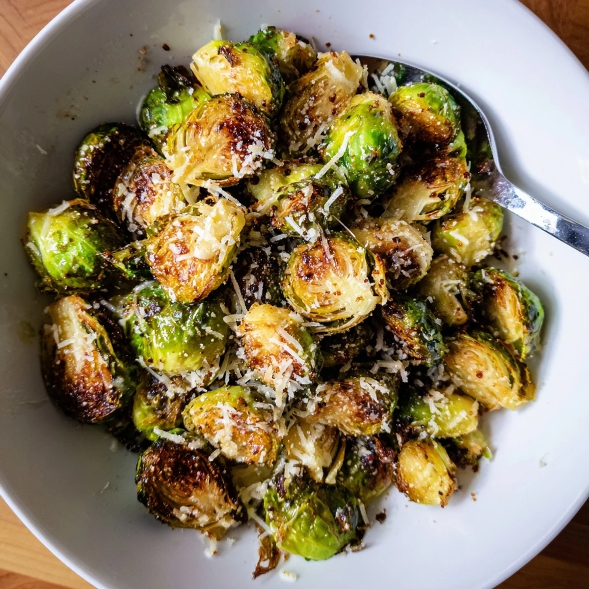 Warm Crispy Air Fryer Brussels Sprouts tossed with Parmesan, smoky paprika finish