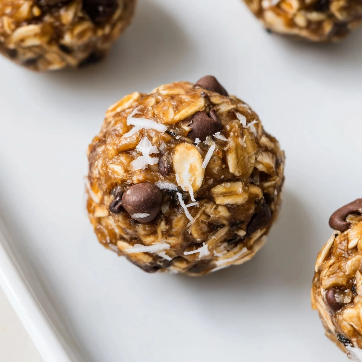 Fresh No Bake Energy Balls chilling in fridge, studded with mini chocolate chips