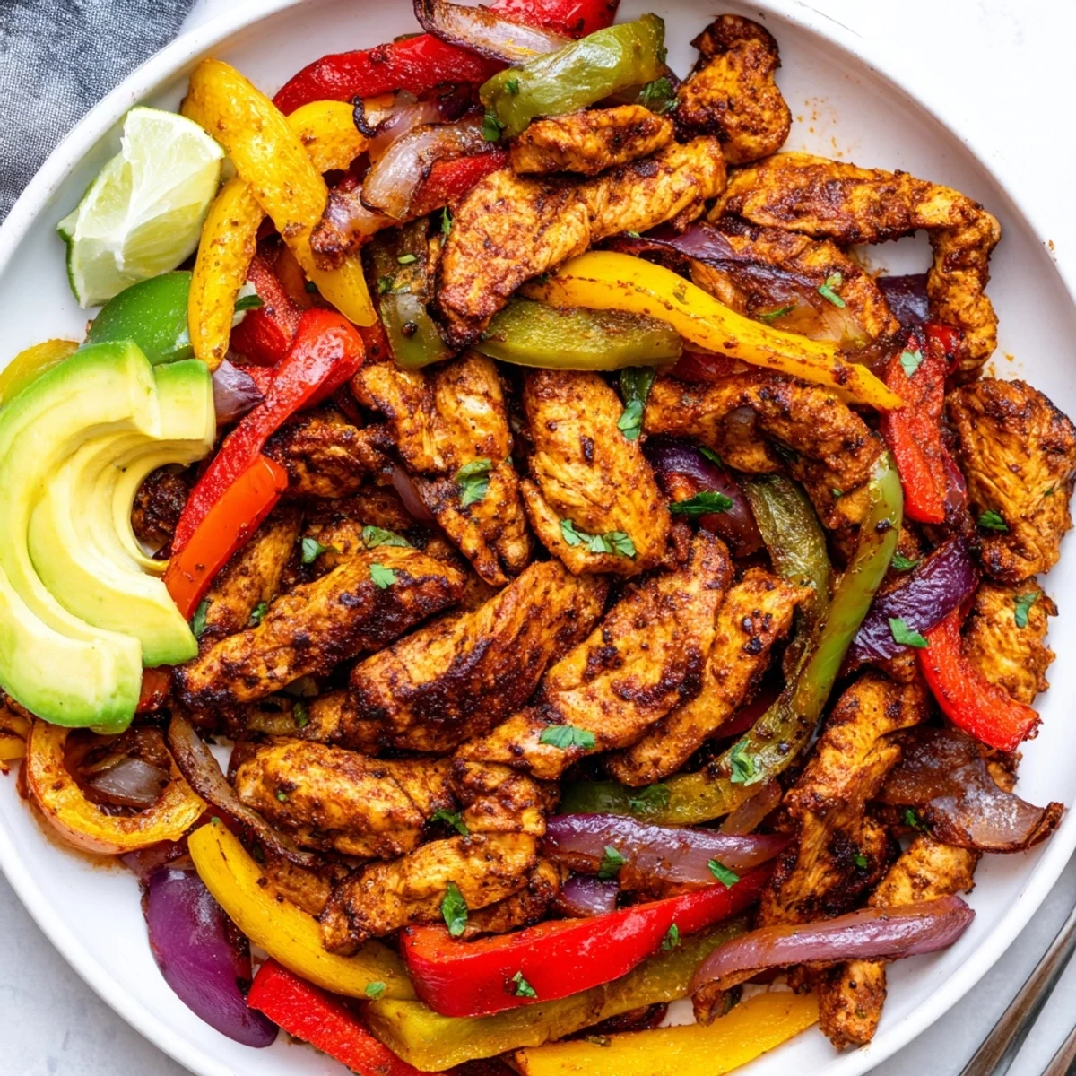 Sheet Pan Chicken Fajitas sizzling with charred peppers and onions, lime wedges
