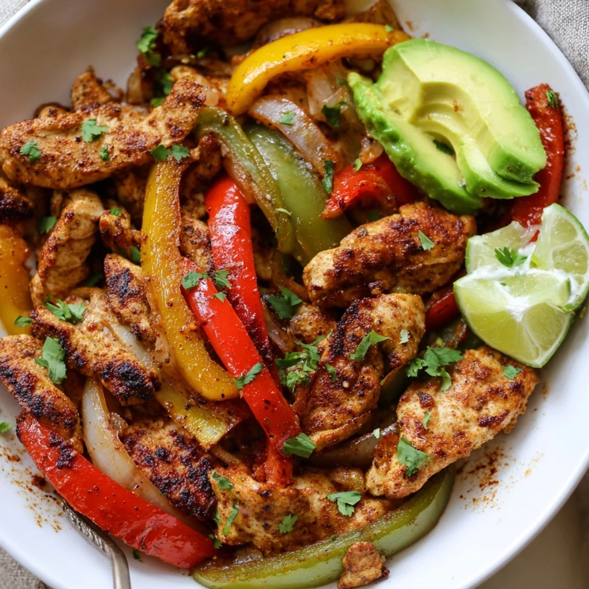 Bright Sheet Pan Chicken Fajitas glistening with lime juice, avocado slices nearby