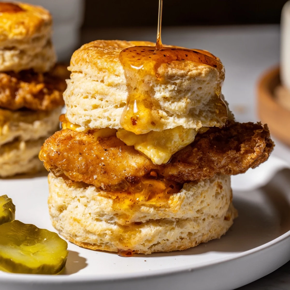 Hot Honey Chicken Biscuits Recipe: flaky biscuits, crispy fried chicken drizzled with honey