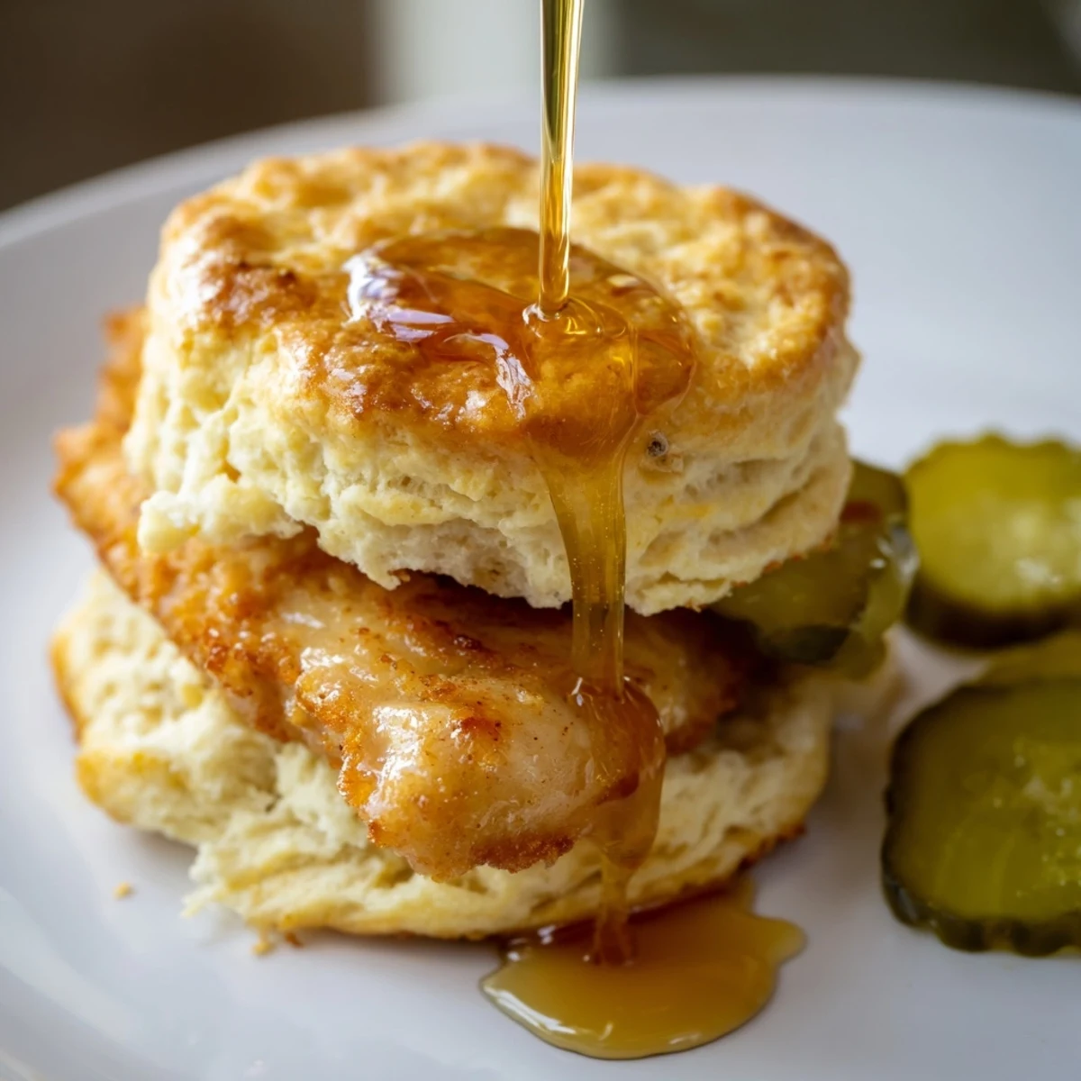 A Hot Honey Chicken Biscuits Recipe showcasing golden biscuits, spicy-sweet honey glaze