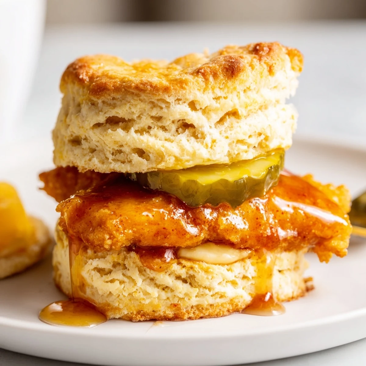 Serve Hot Honey Chicken Biscuits Recipe warm with pickles and buttery biscuit aroma