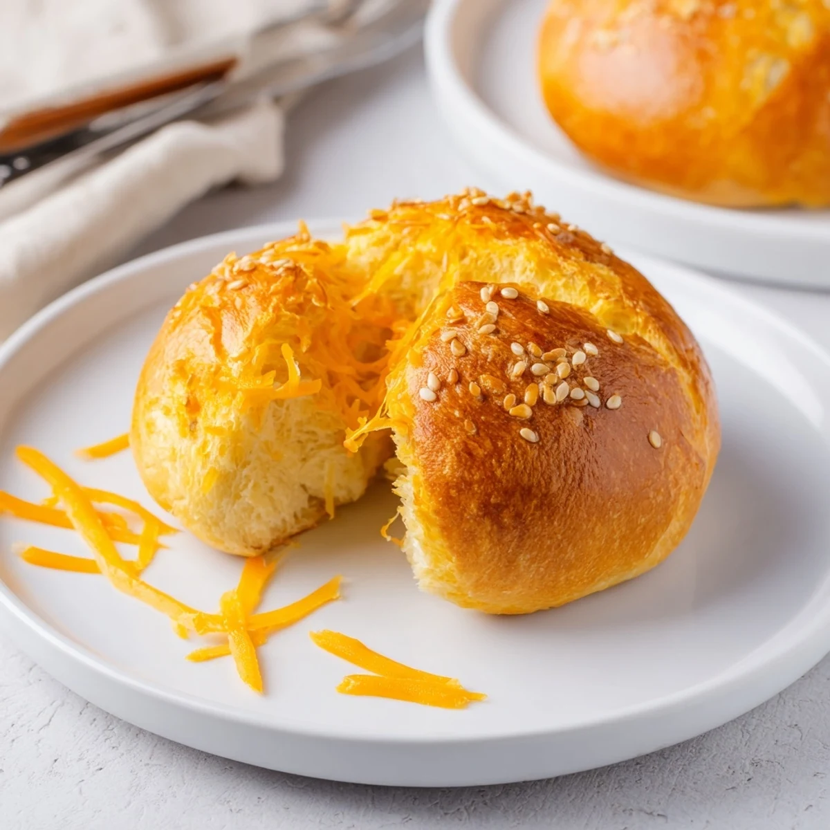 Warm Cheddar Cheese Buns Recipe: golden, fluffy buns with bubbling sharp cheese