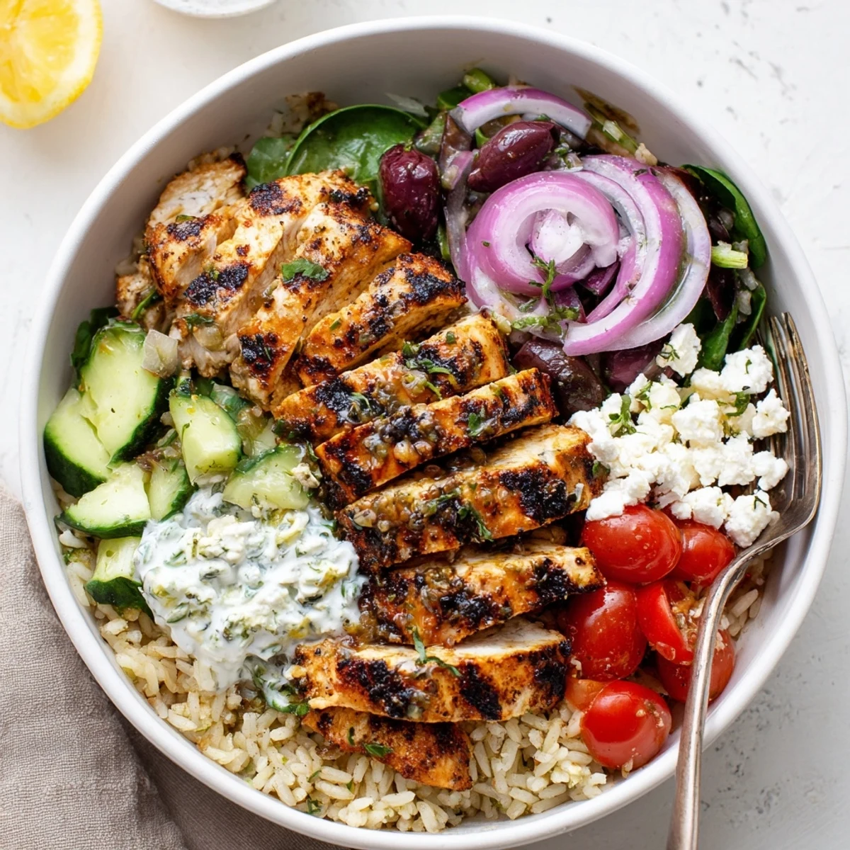 Bright Mediterranean Chicken Bowl topped with crumbled feta, olives, lemony cucumber.