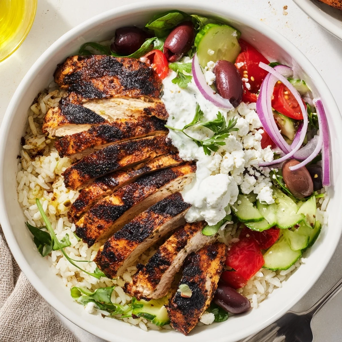 Mediterranean Chicken Bowl with juicy grilled chicken, tangy tzatziki, herbed rice.