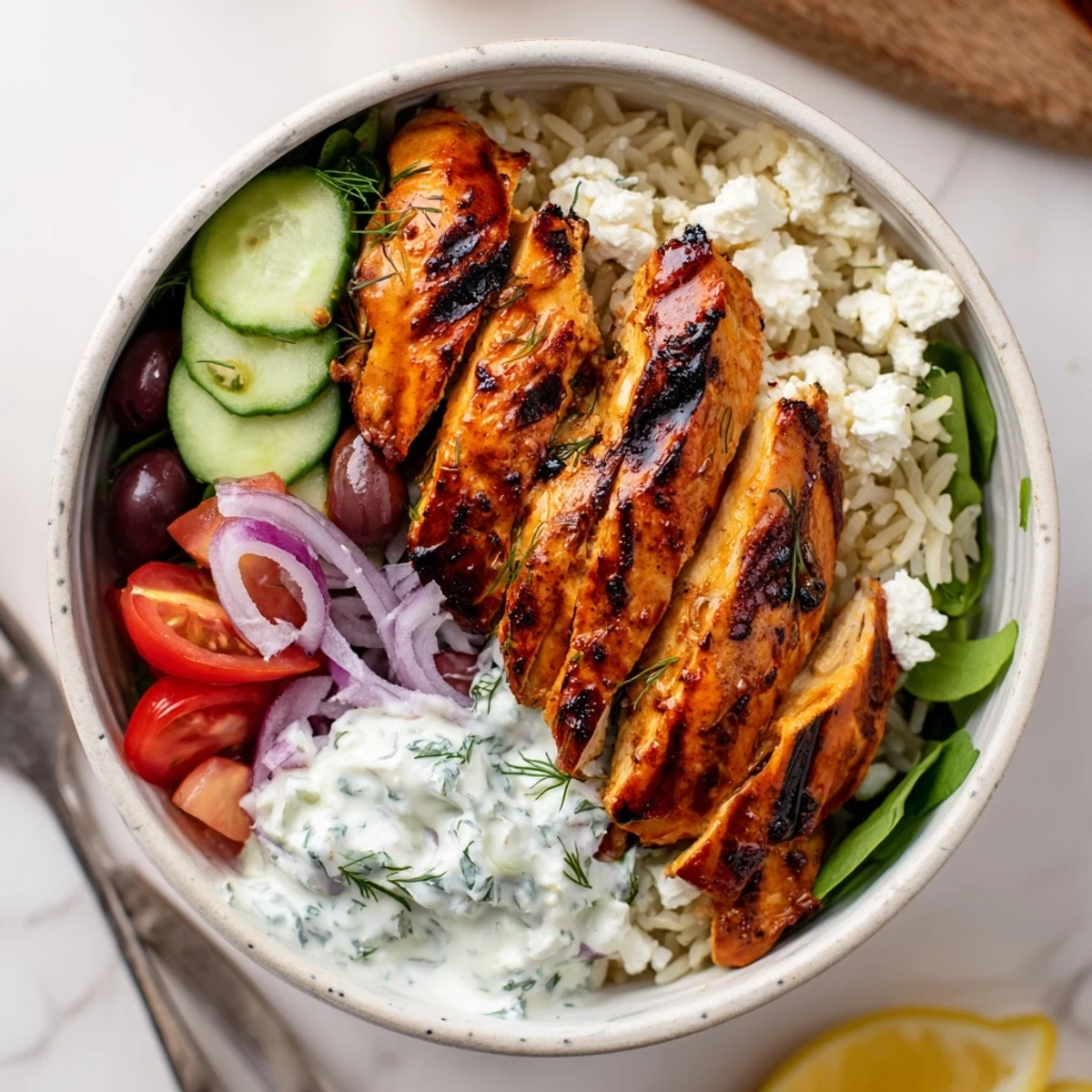 Warm Mediterranean Chicken Bowl served over fluffy basmati rice, fresh parsley garnish.