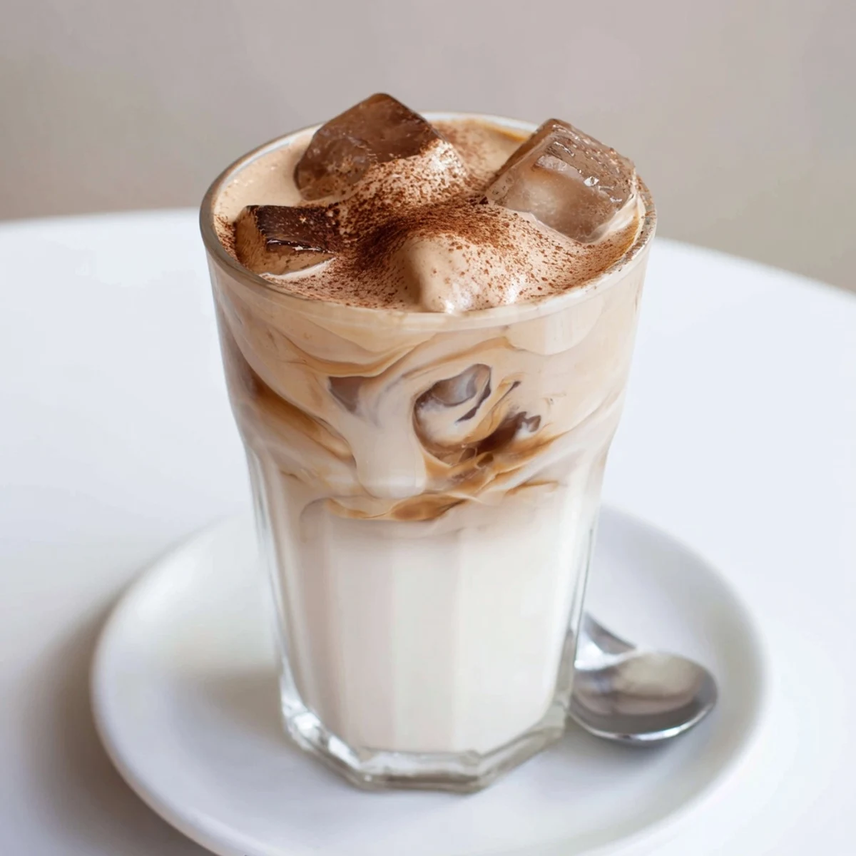 Whipped Coffee dollop over cold milk, creamy froth and marbled swirl