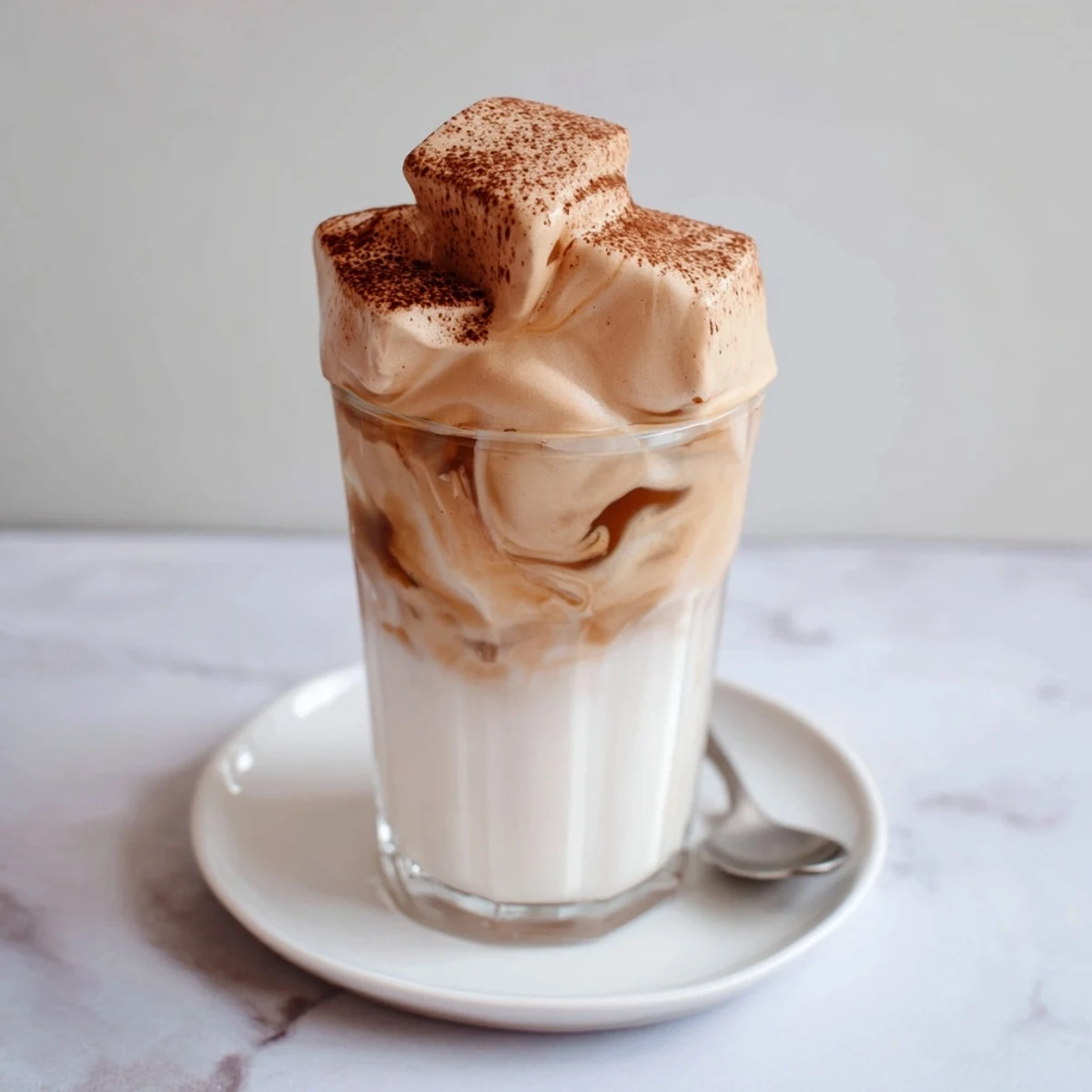 Close up of Whipped Coffee being whisked to thick, velvety peaks