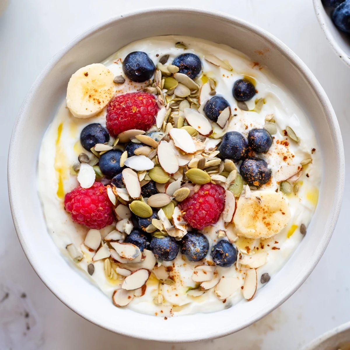 Creamy high protein Greek yogurt bowl topped with fresh berries banana and crunchy nuts