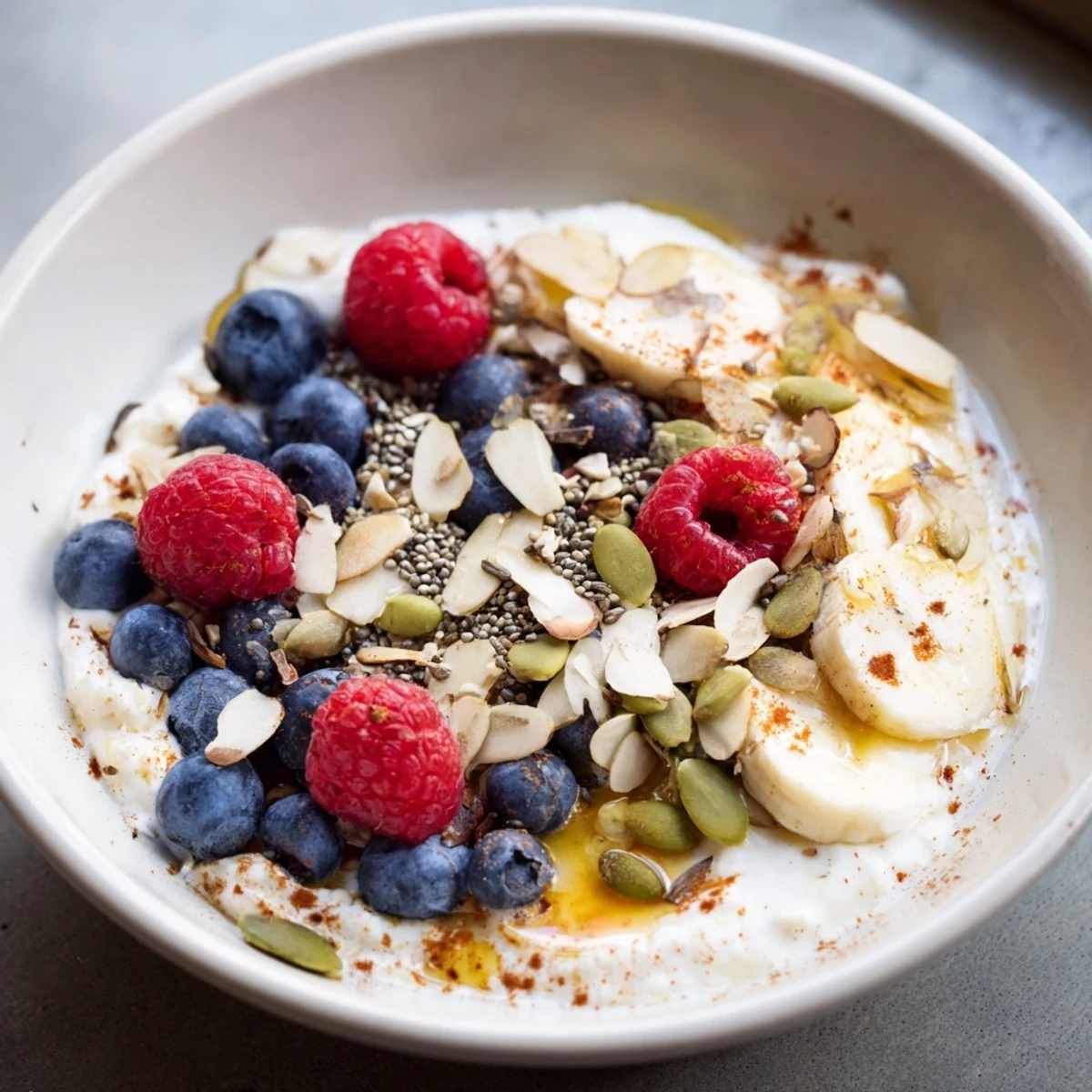 Nourishing high protein Greek yogurt bowl arranged with mixed berries banana and wholesome toppings