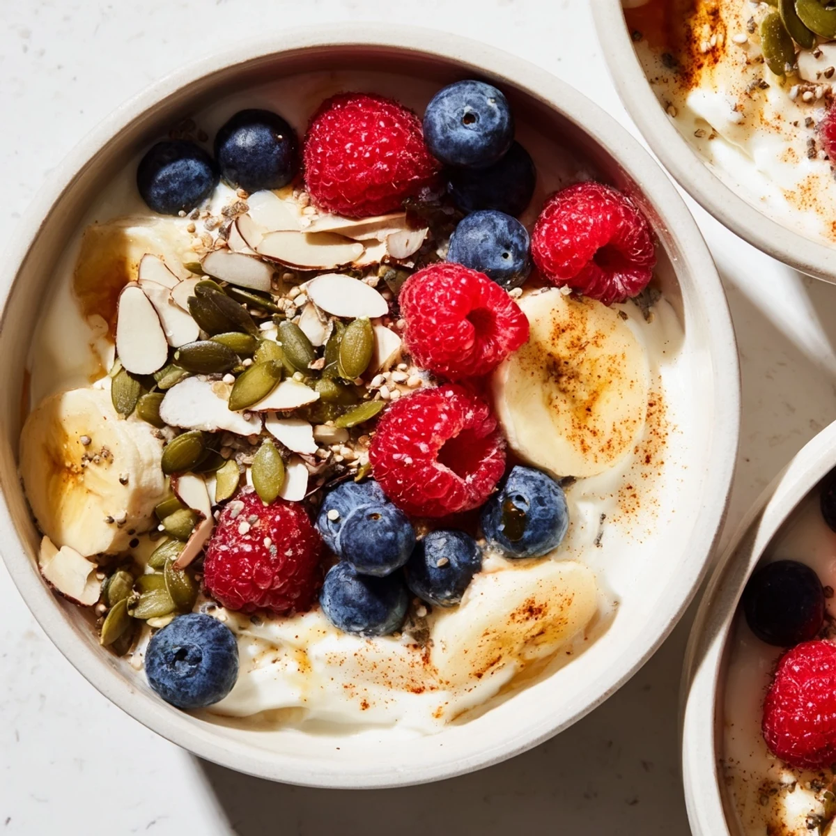 Vibrant breakfast bowl featuring Greek yogurt layered with colorful fruit seeds and almond slices