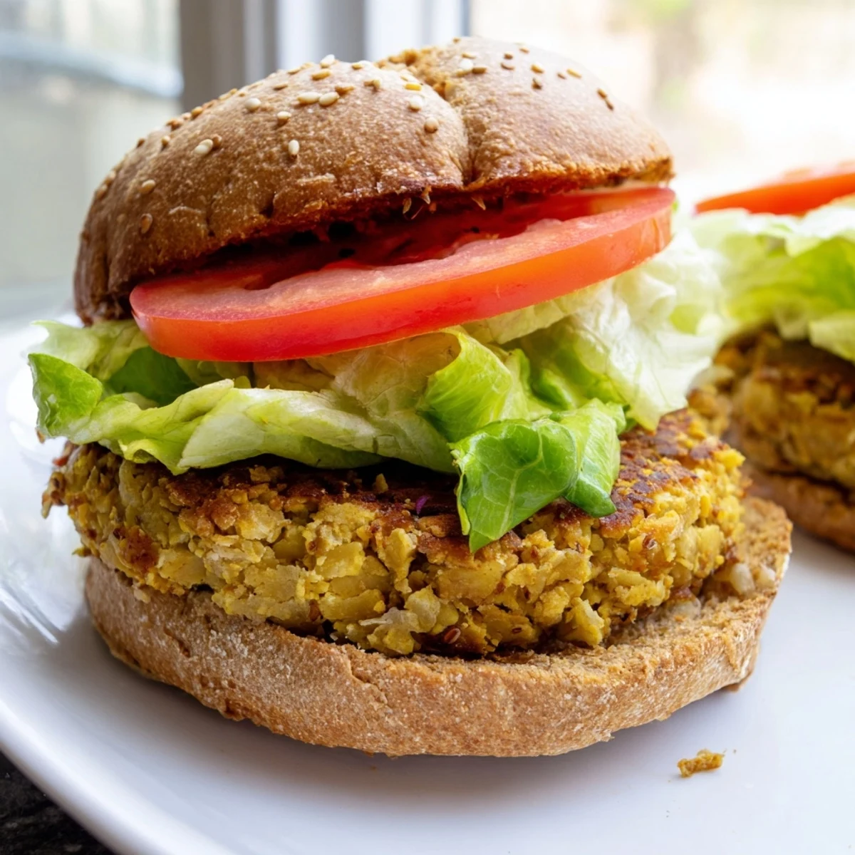 Golden brown chickpea cauliflower burger on a toasted bun with fresh lettuce and tomato