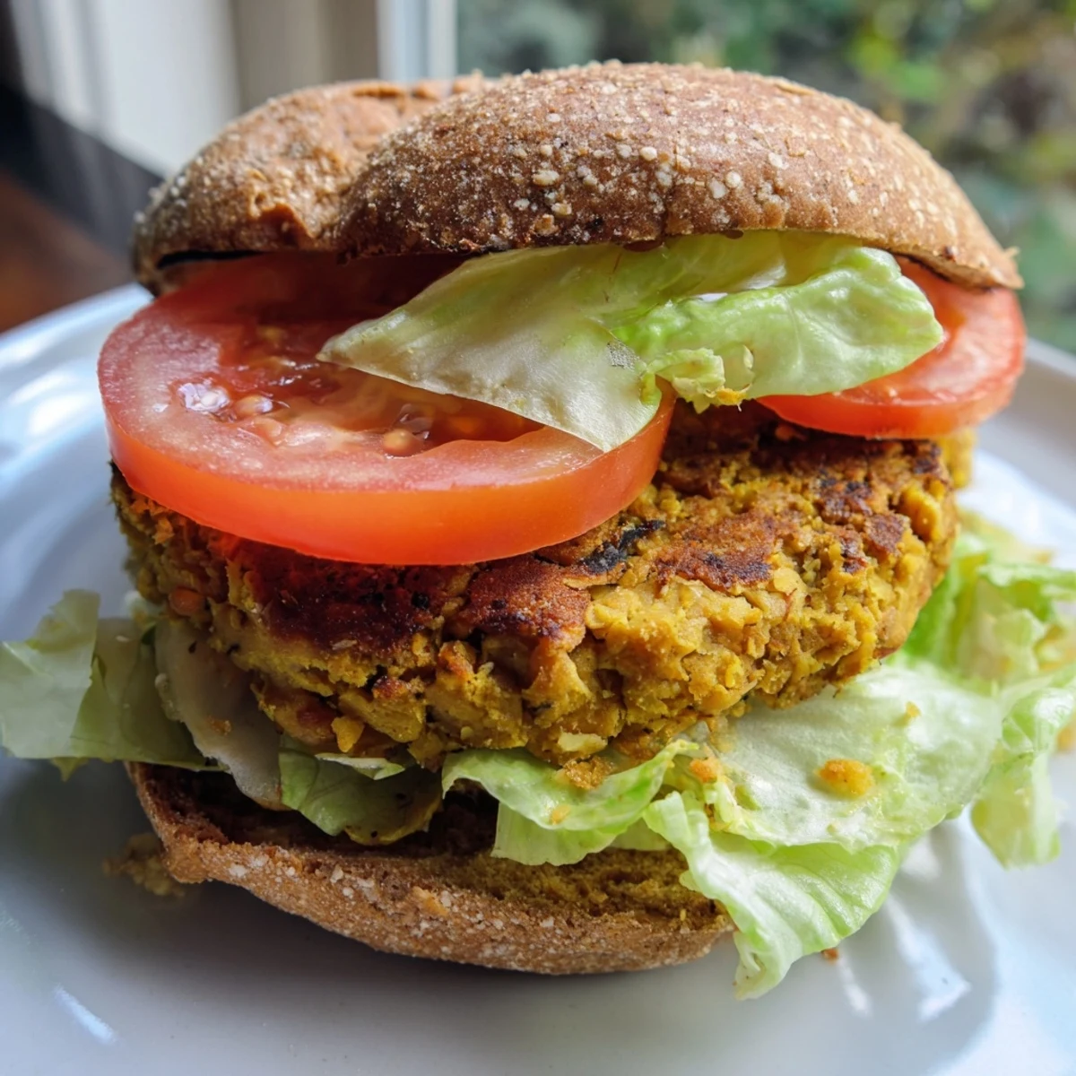 Homemade chickpea cauliflower burger served on a bun with roasted vegetables and greens