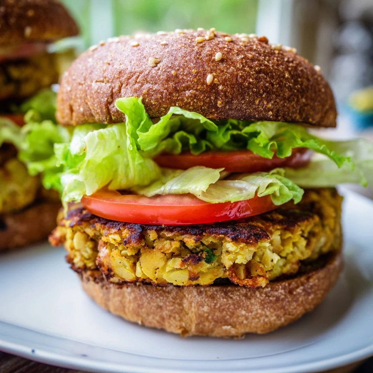 Hearty vegetarian chickpea cauliflower burger patty topped with creamy sauce and crisp pickles