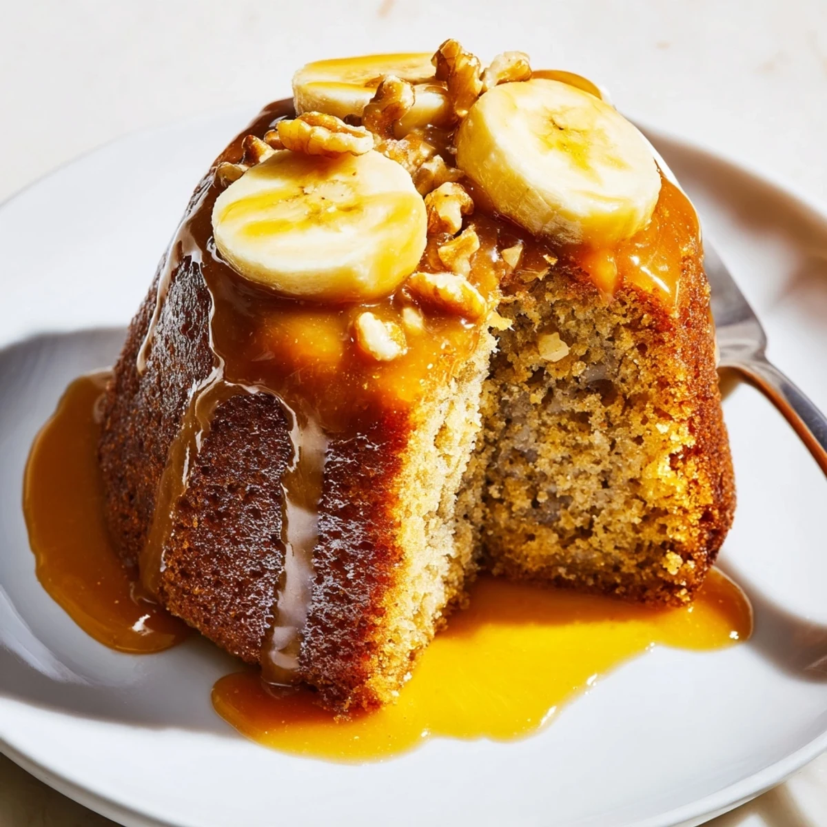 Golden salted caramel drips down a moist brown butter banana cake topped with fresh banana slices