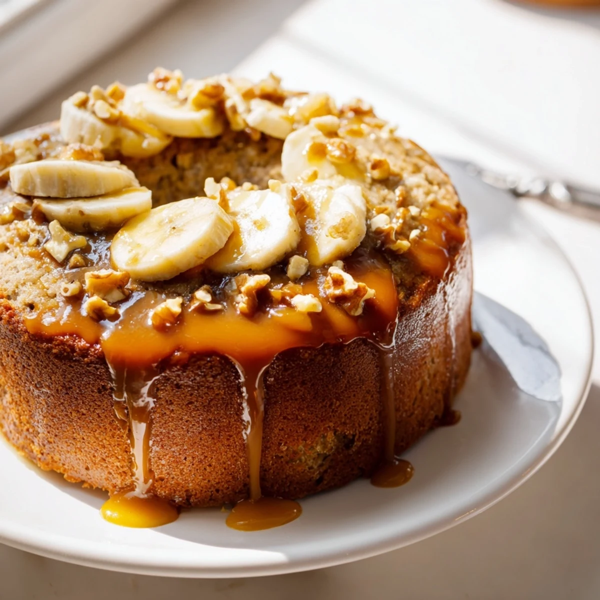 Homemade salted caramel brown butter banana cake displayed whole with glossy glaze and toasted nut garnish