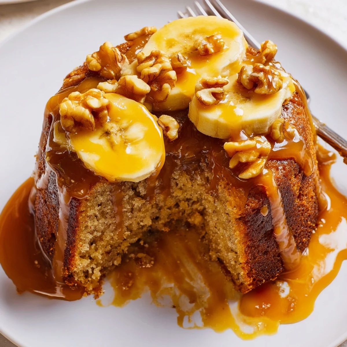 Rich amber caramel sauce generously poured over a slice of fluffy brown butter banana cake on a white plate
