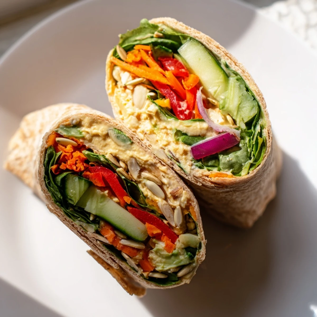 Colorful veggie wrap with hummus recipe featuring sliced tortilla revealing vibrant layers of fresh vegetables