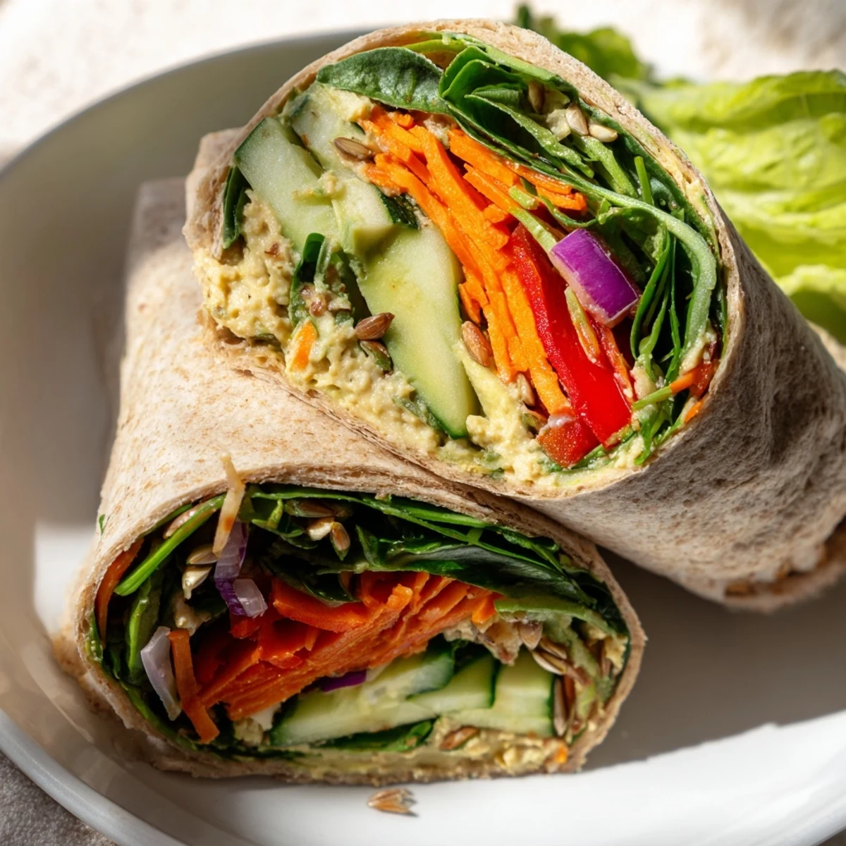 Mediterranean veggie wrap with hummus recipe on wooden board with spinach peppers and avocado