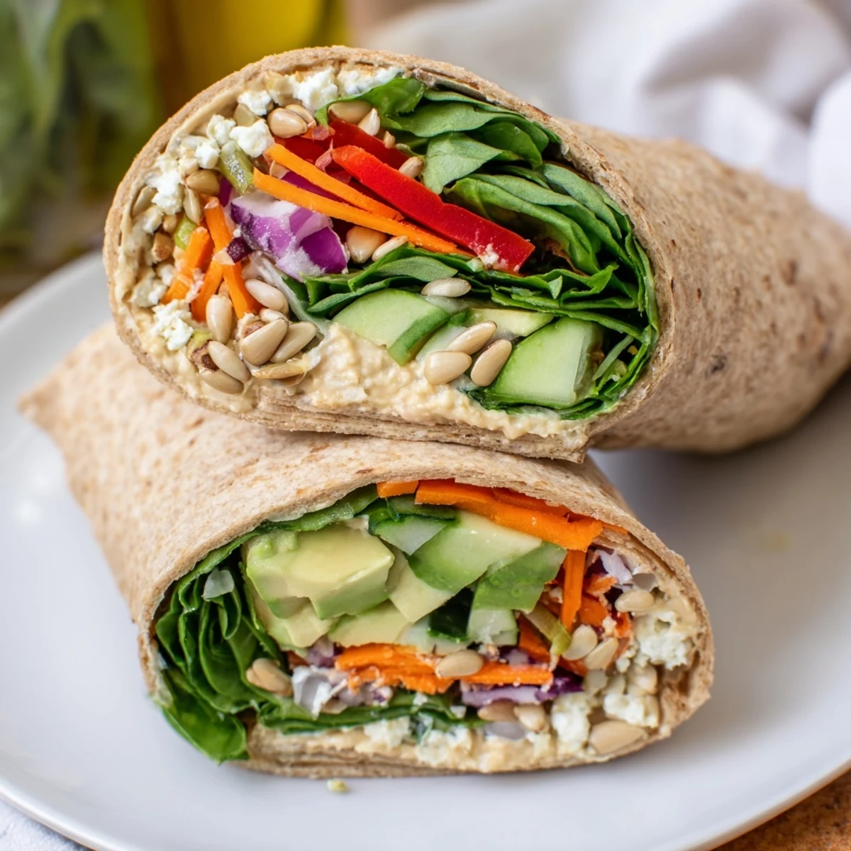 Handheld veggie wrap with hummus recipe diagonally sliced showing colorful vegetable filling inside tortilla