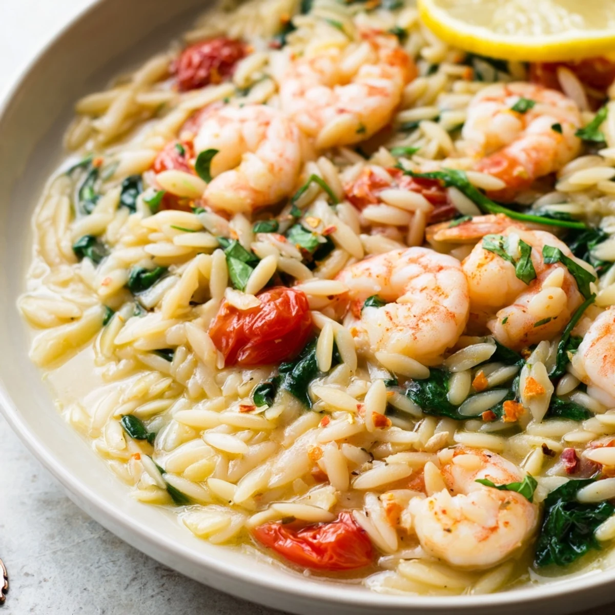 Golden lemon shrimp and orzo skillet featuring tender pasta, bright herbs, and juicy cherry tomatoes in a savory Mediterranean one-pan meal