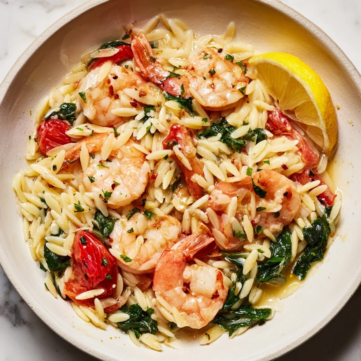 Vibrant lemon shrimp orzo skillet topped with fresh parsley and lemon wedges, showcasing perfectly cooked shrimp nestled among al dente pasta