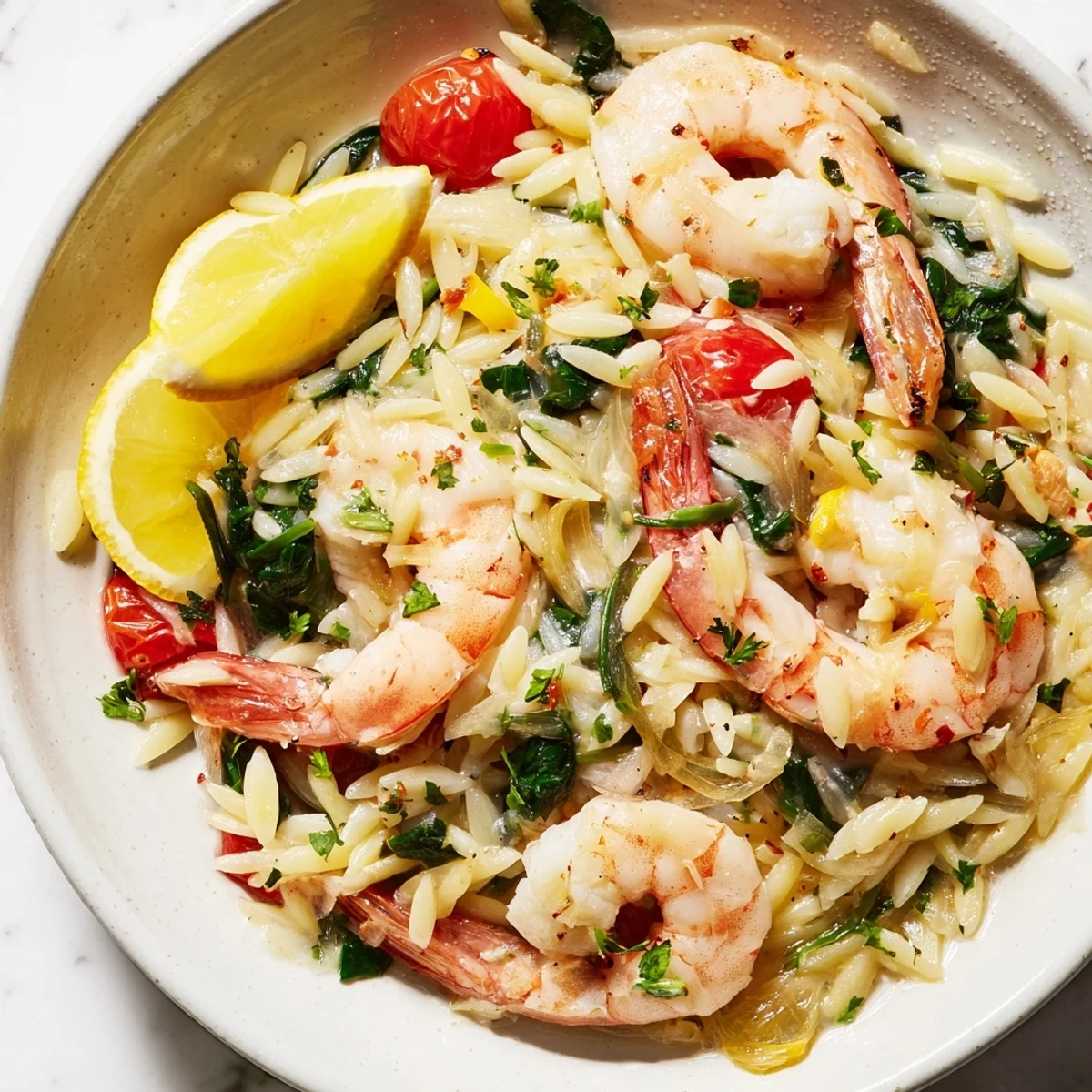 Creamy lemon shrimp and orzo recipe with wilted spinach, cherry tomatoes, and plump seafood in a golden skillet, ready for family dinner