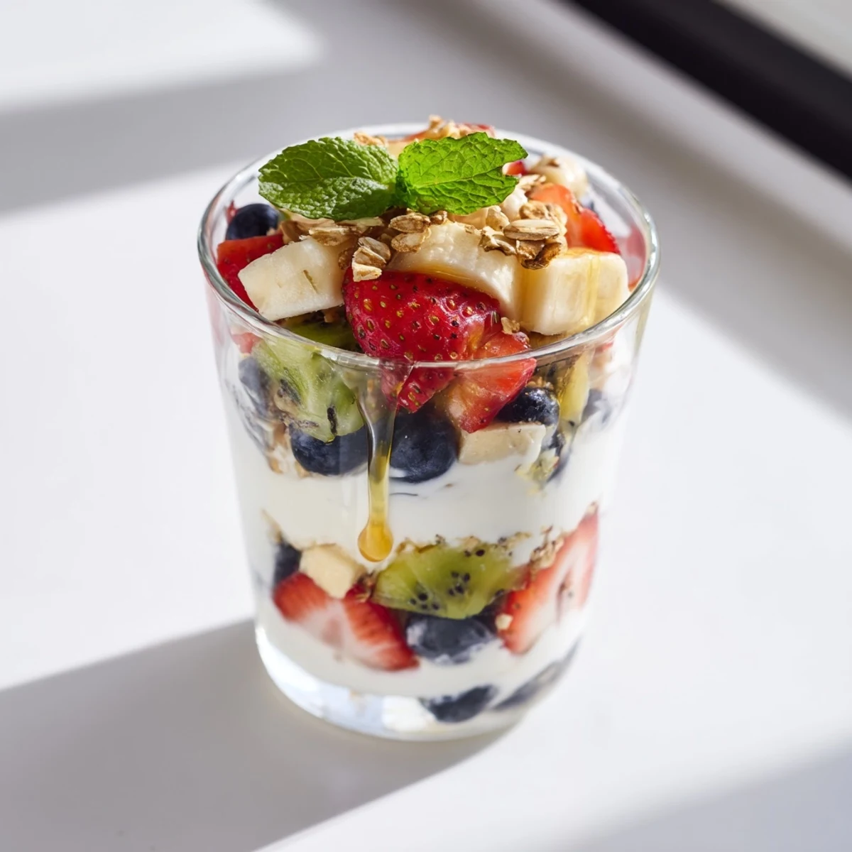 Layered yogurt parfait recipe with honey drizzle and fresh strawberries, blueberries, kiwi slices