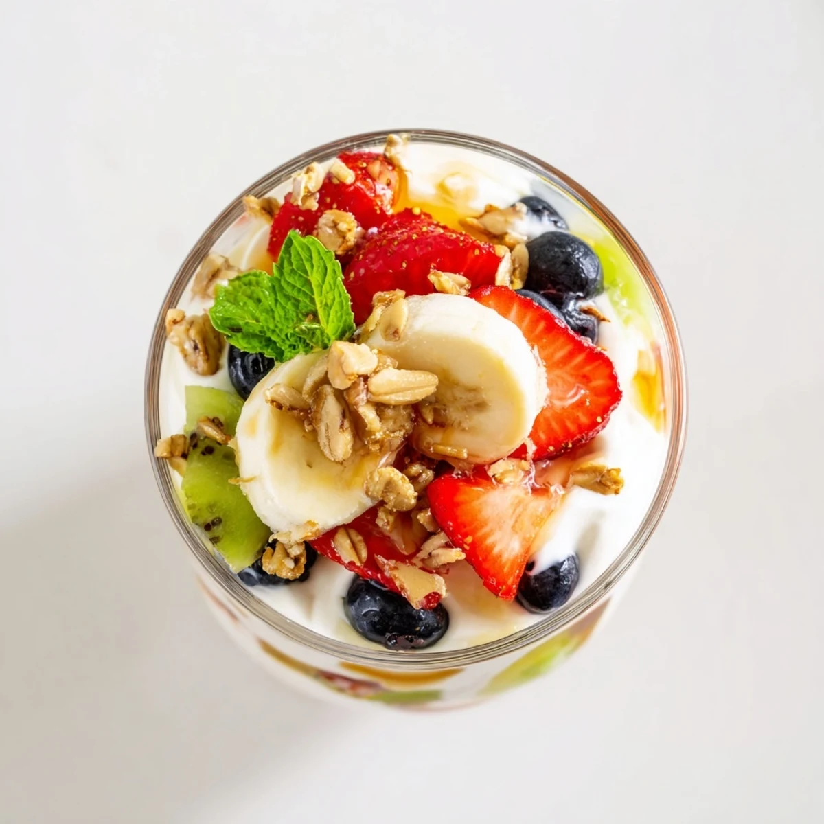 Wholesome yogurt parfait recipe featuring alternating layers of creamy yogurt, honey, and mixed fruits