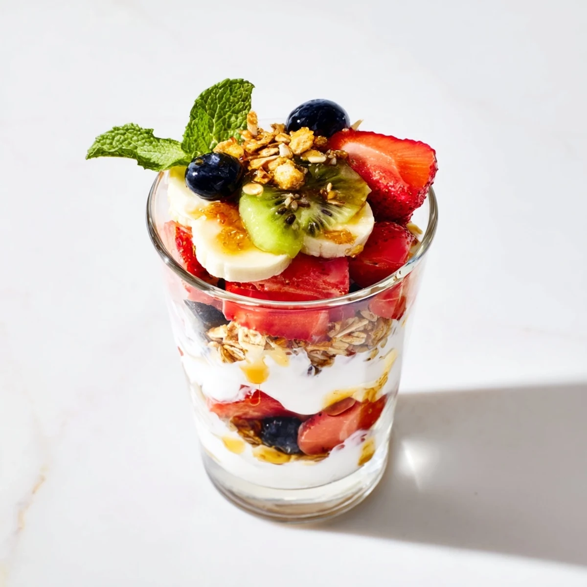 Glass bowl displaying colorful yogurt parfait recipe topped with granola and mint garnish