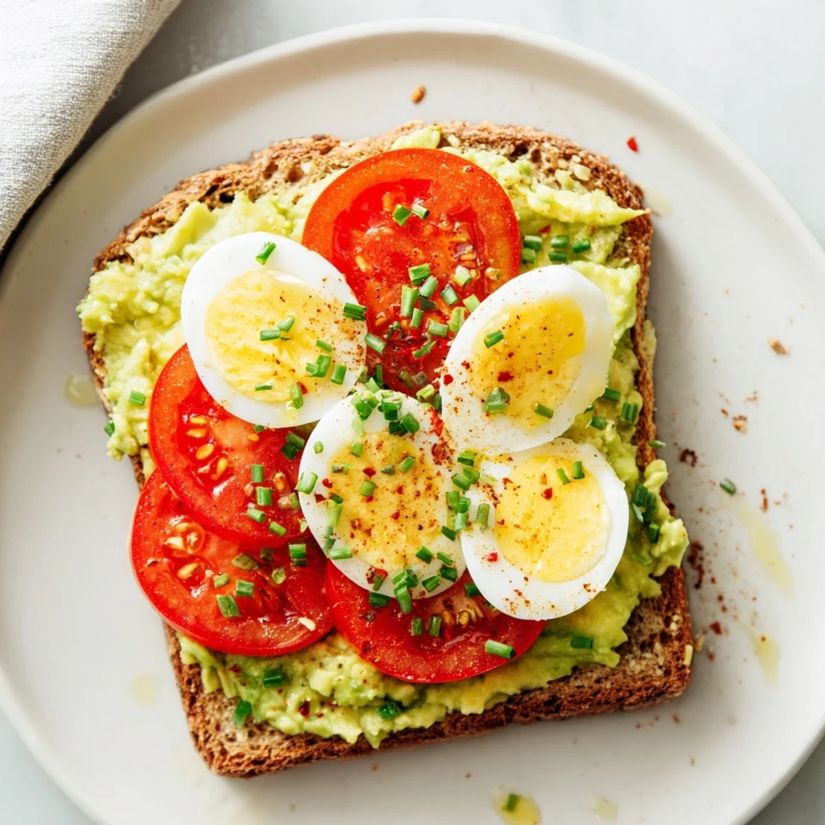 Open-faced sandwich featuring ripe avocado spread, juicy tomato slices, and protein-rich boiled eggs atop crispy sourdough in this avocado toast with tomato and hard boiled egg recipe