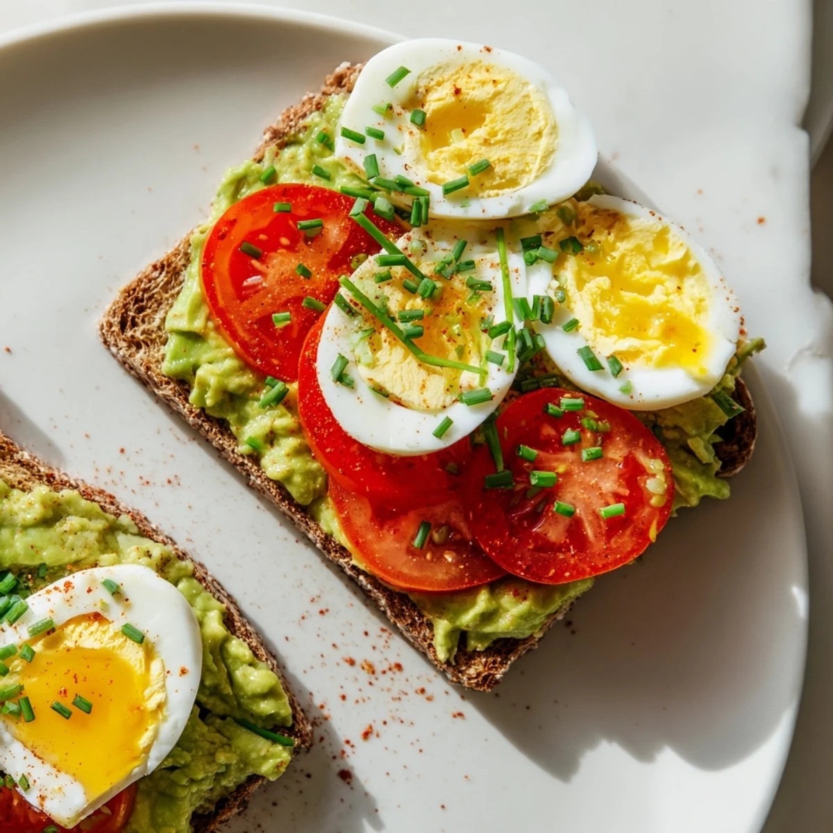 Golden toasted bread layered with creamy mashed avocado, sliced tomatoes, and hard-boiled eggs for this avocado toast with tomato and hard boiled egg recipe