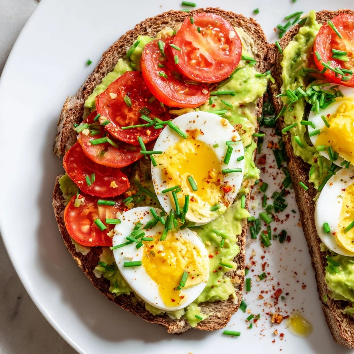 Vibrant breakfast stack of mashed green avocado, fresh red tomato rounds, and sliced hard-boiled eggs garnished with herbs in this avocado toast with tomato and hard boiled egg recipe