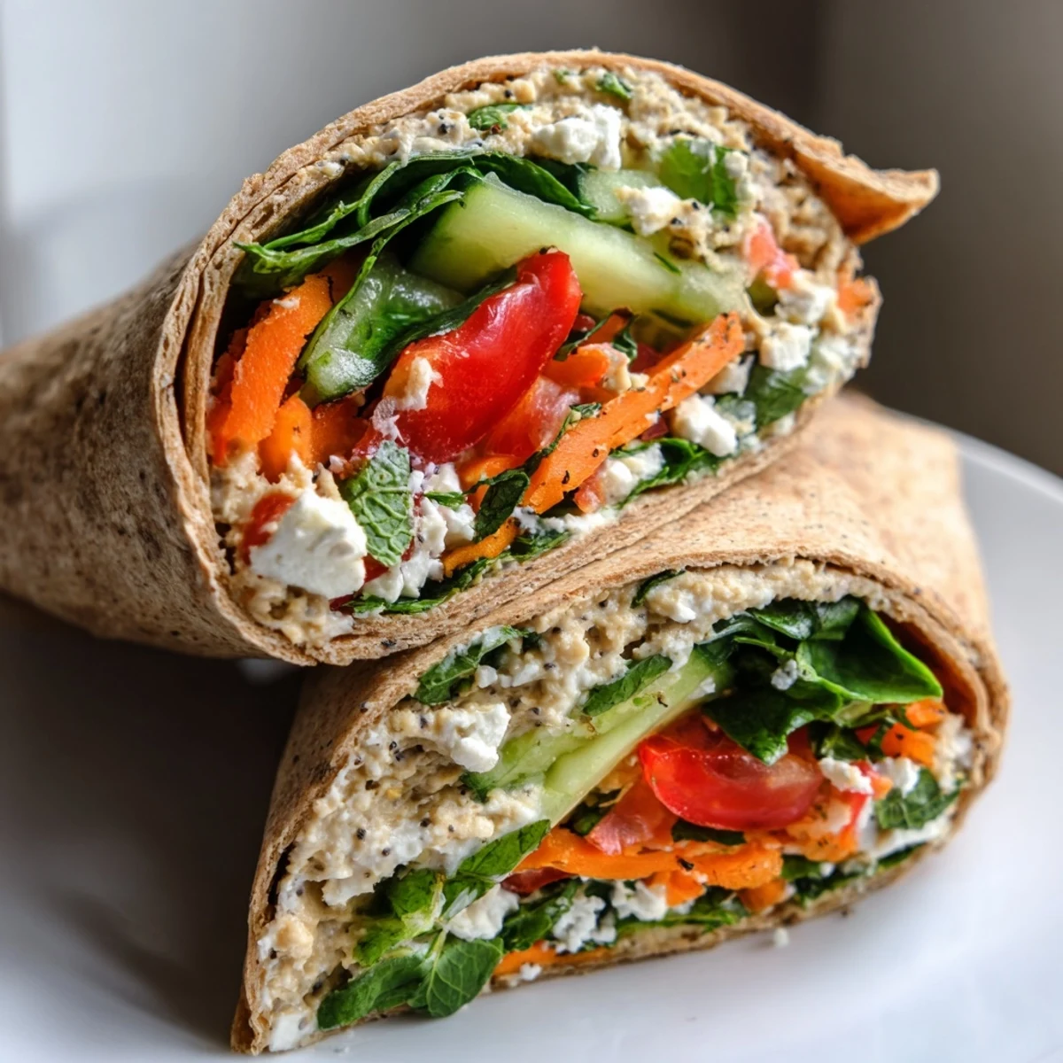 Fresh whole wheat tortilla wrapped around creamy hummus and crisp colorful Mediterranean vegetables