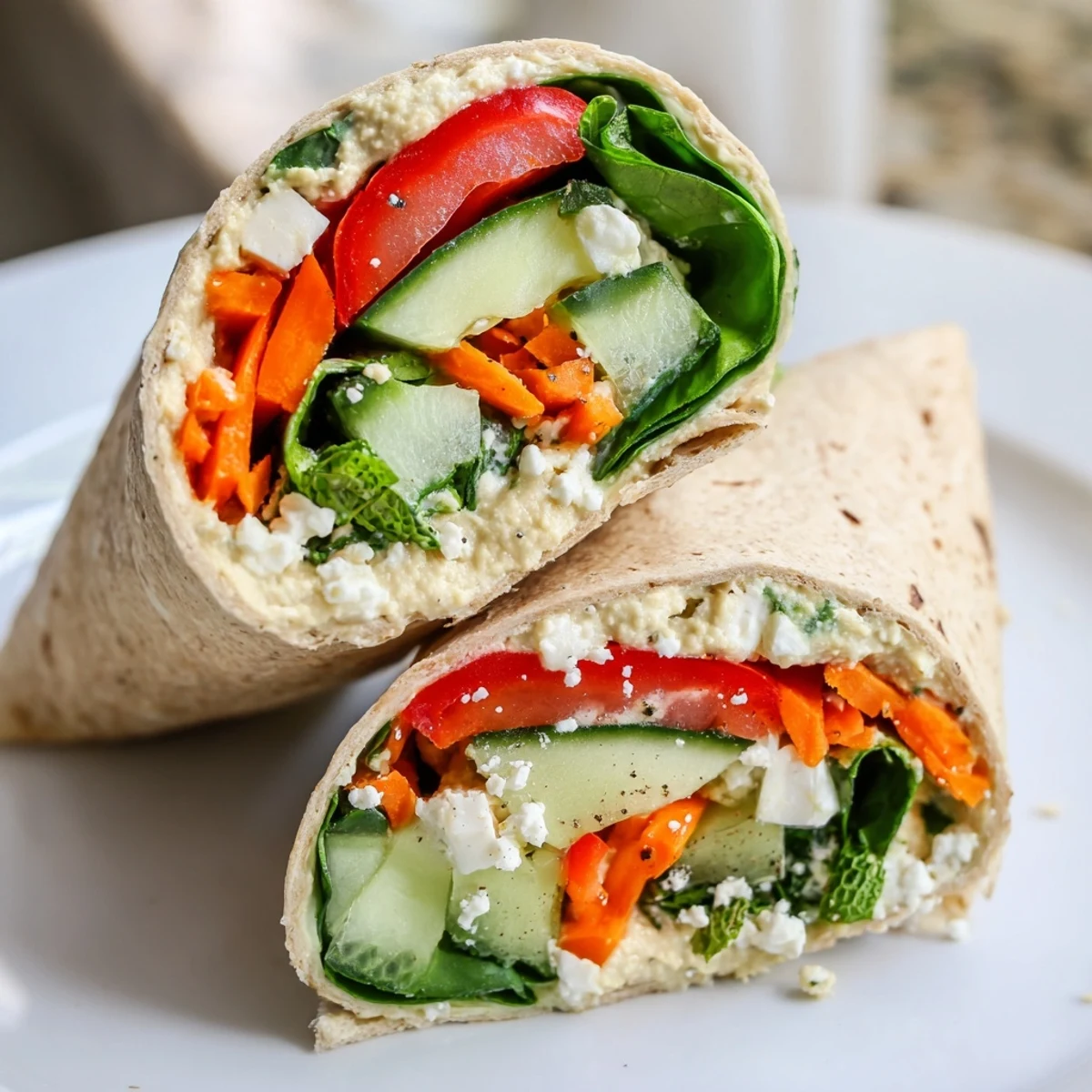 Golden brown flatbread roll stuffed with savory hummus, spinach, carrots, and sliced red peppers