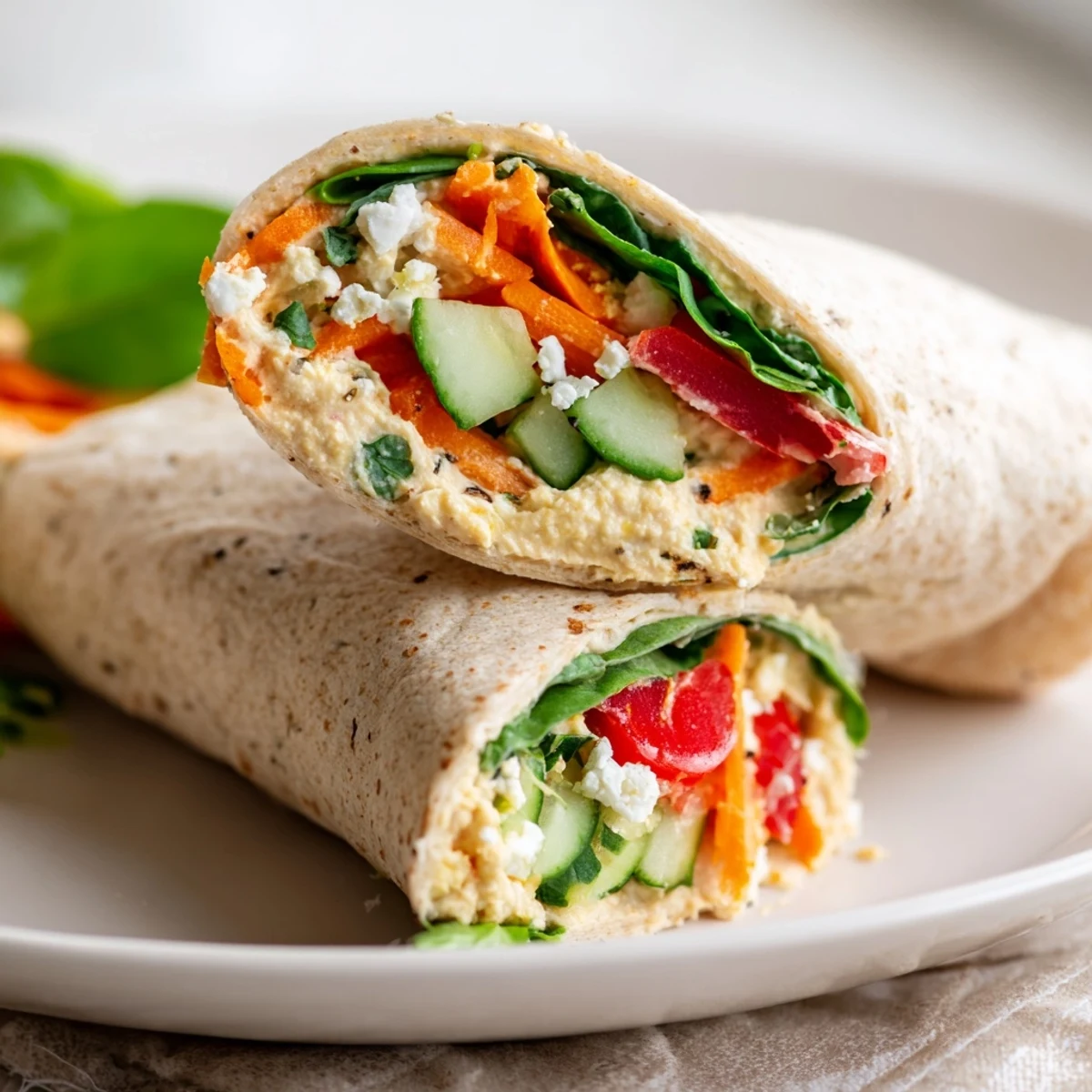 Heavenly Hummus Wrap sliced diagonally revealing layers of fresh veggies and creamy spread inside