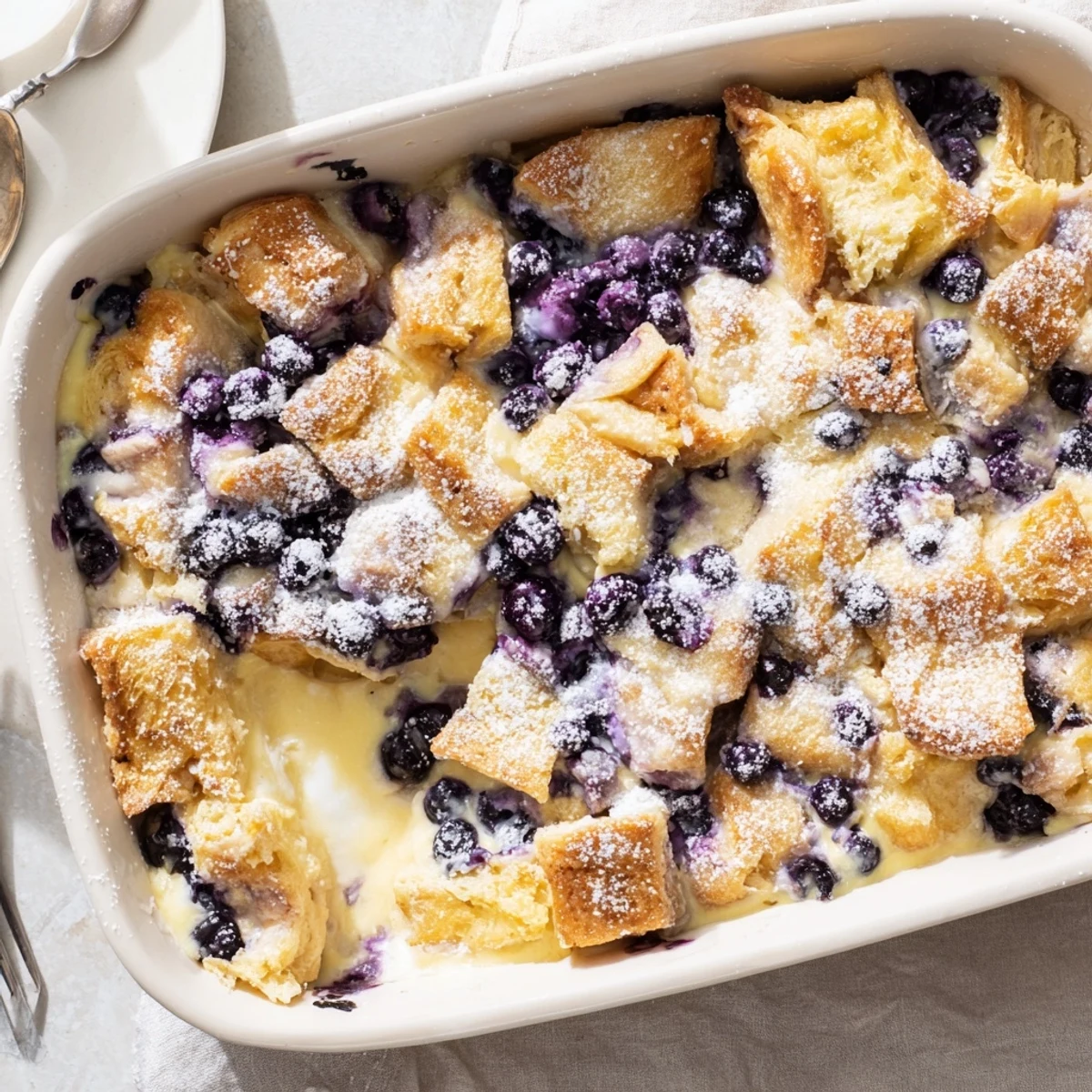 Golden baked blueberry cream cheese croissant casserole dusted with powdered sugar on a white serving plate
