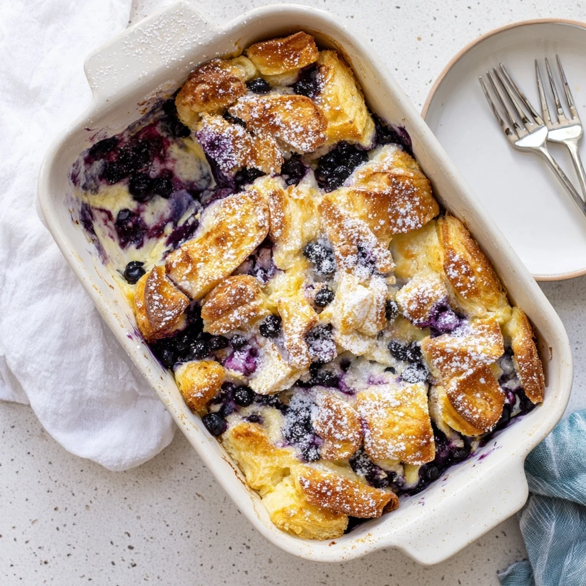Buttery croissant pieces nestled in creamy custard with bursting blueberries fresh from a golden breakfast bake
