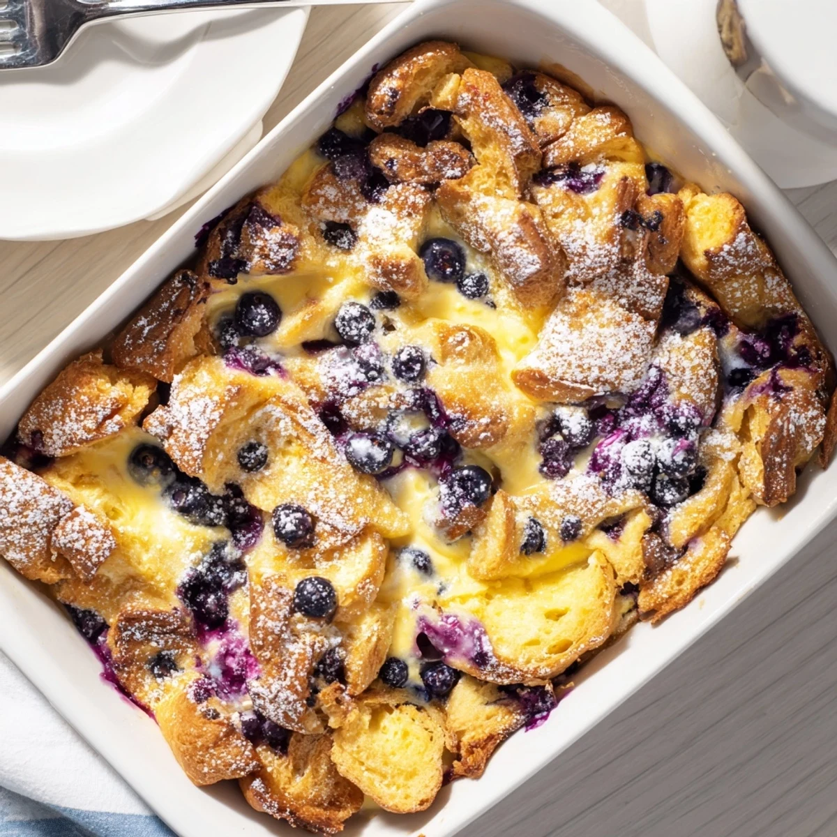 Spoon lifting a warm square of blueberry cream cheese croissant casserole topped with sweet powdered sugar dusting