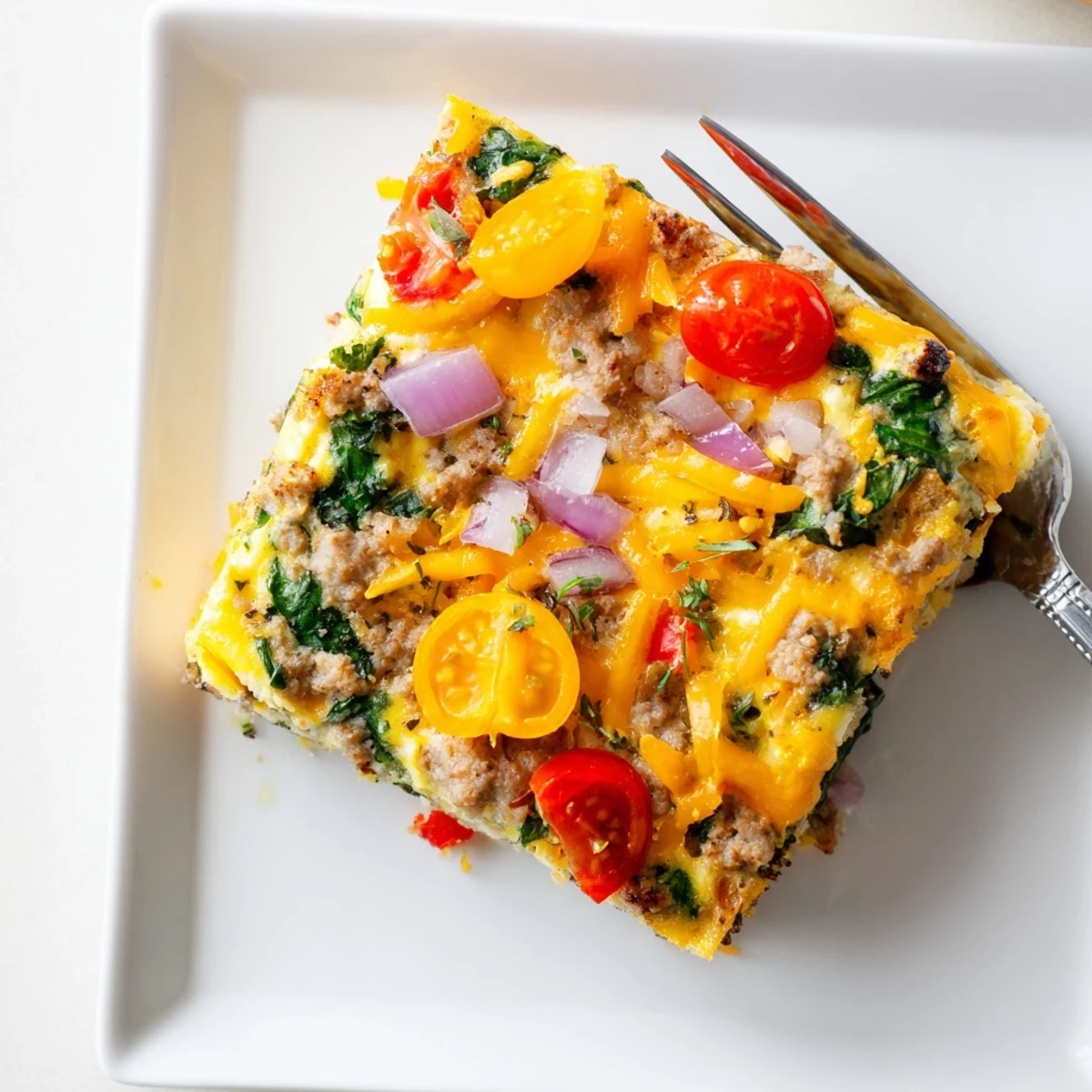 Savory egg breakfast casserole featuring spinach, bell peppers, and melted cheese on a rustic plate