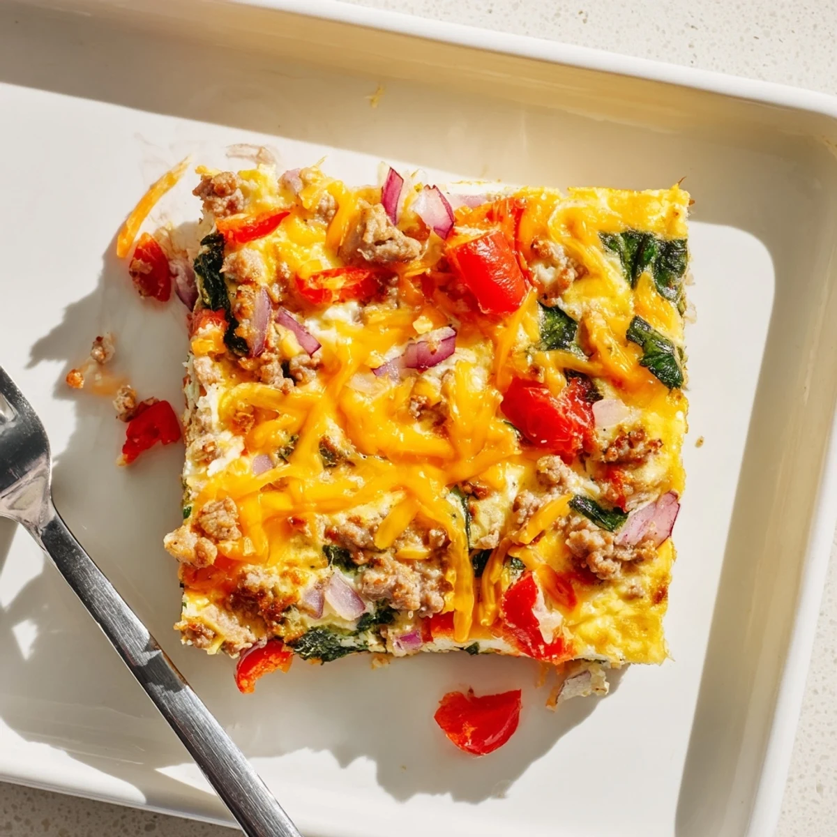 Golden high protein egg casserole baked with turkey sausage, cheddar cheese, and colorful vegetables