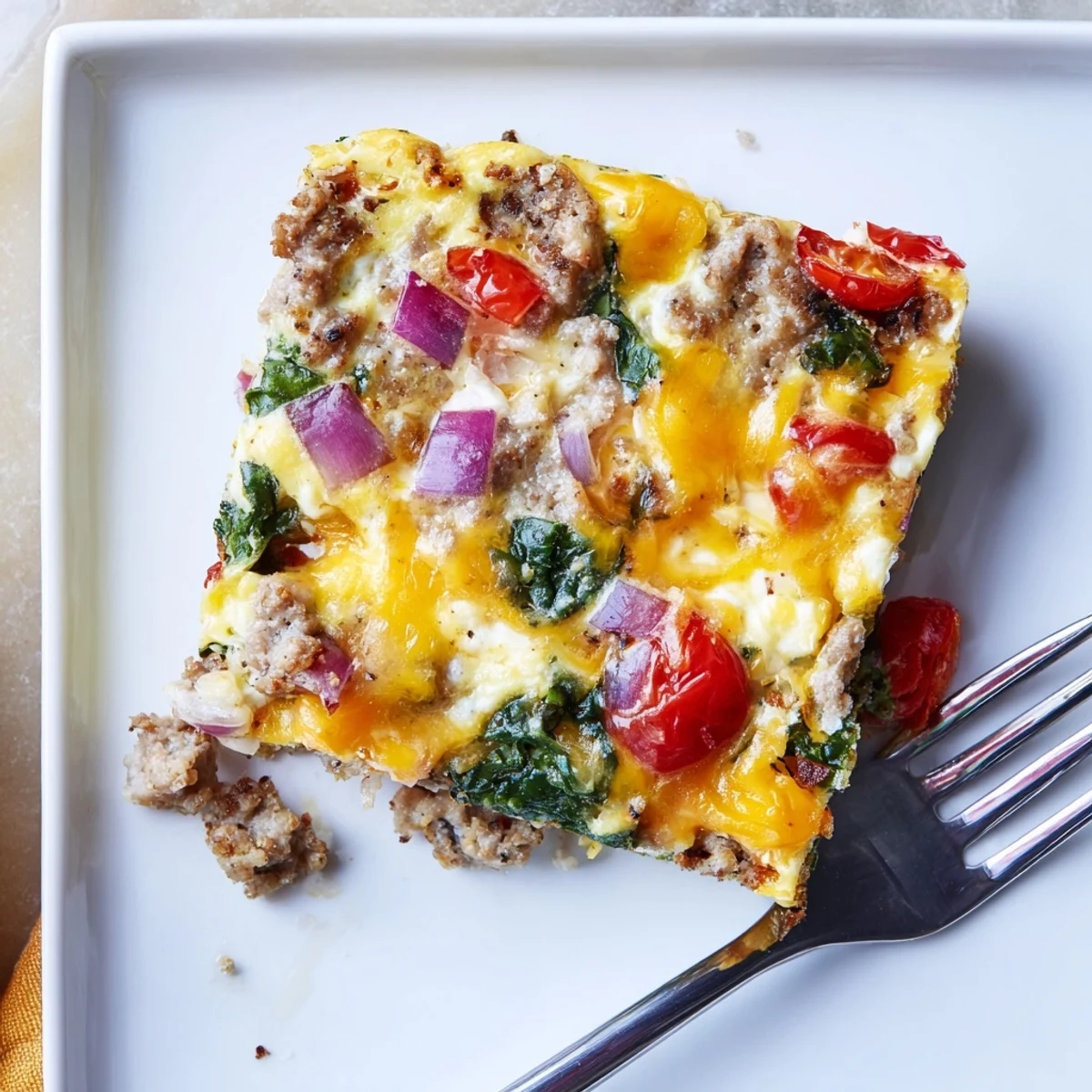 Fluffy high protein egg casserole with cottage cheese, cherry tomatoes, and turkey sausage slices