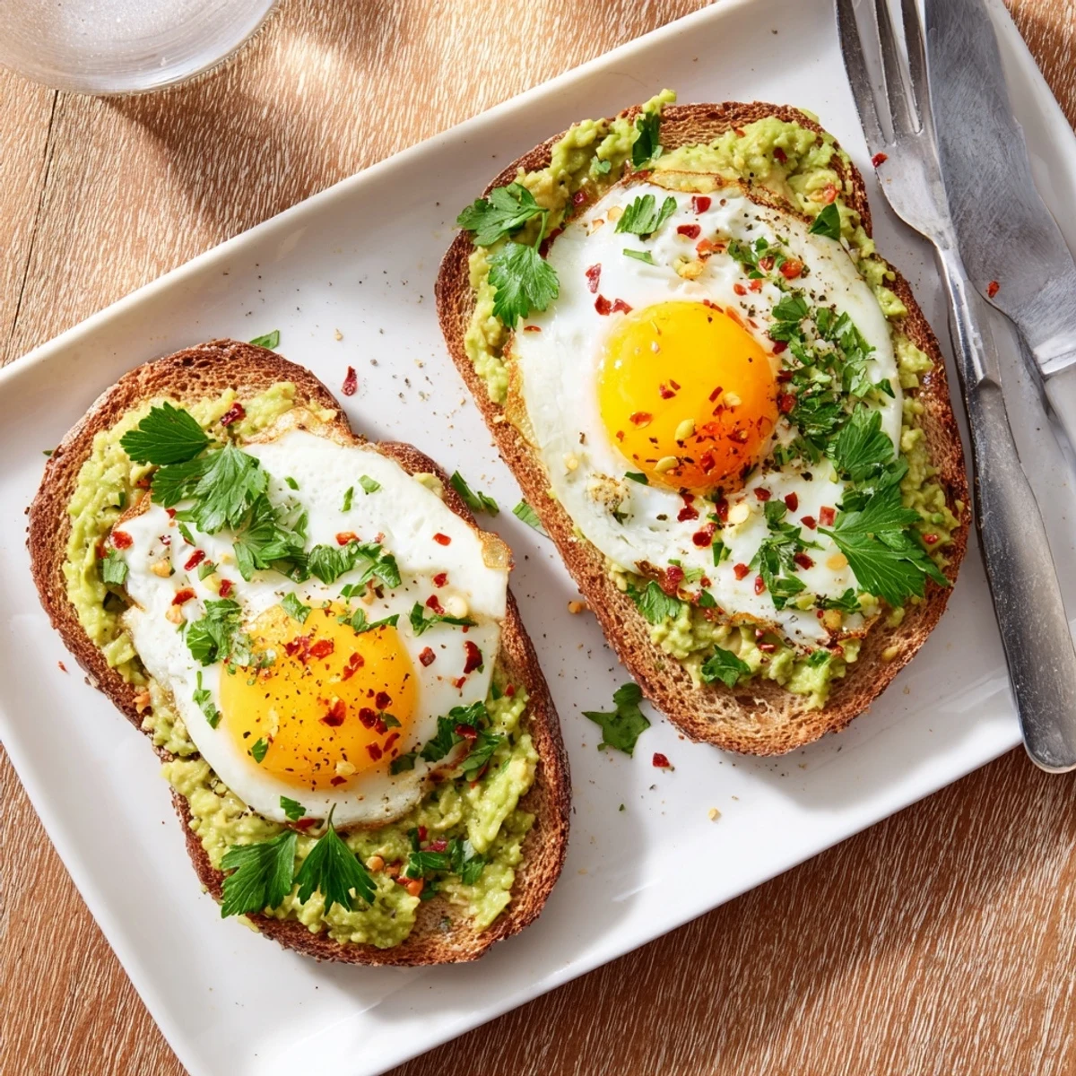 Golden toasted bread piled with creamy mashed avocado and a perfectly runny fried egg